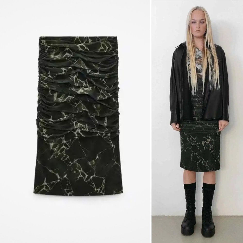 Zara Ruched Green Marble Midi Skirt